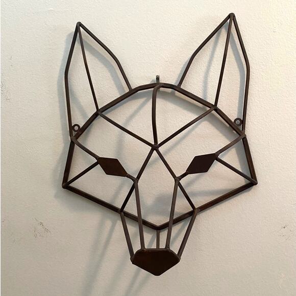 2 Cast Iron Geometric Fox And Bear Face Wall Hanging Metal Head Brown set of two - Picture 3 of 5